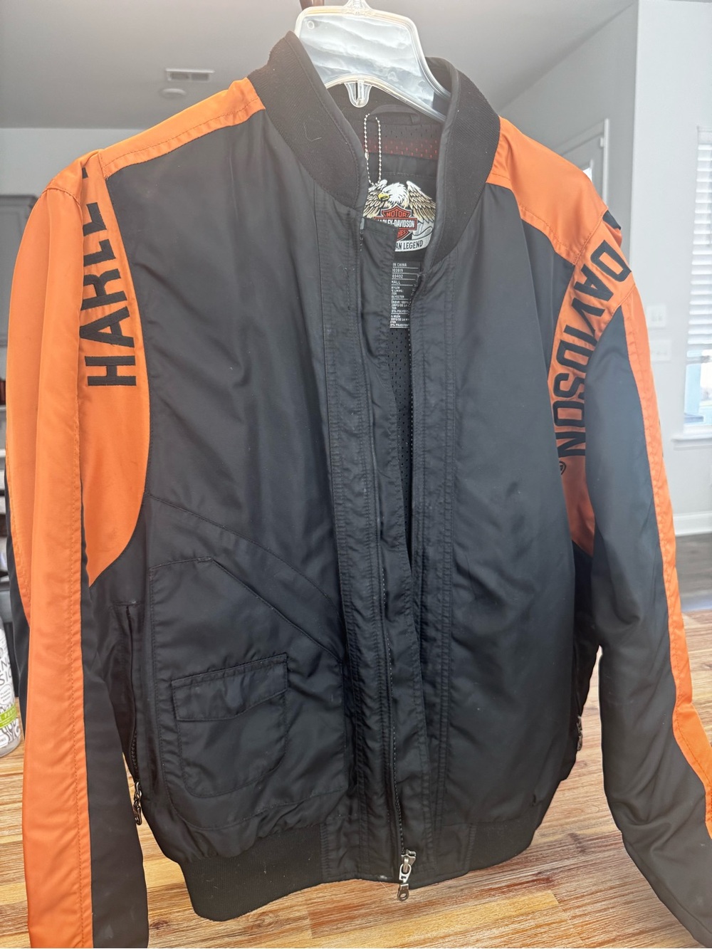 Harley-Davidson Black and Orange Bomber-Style Motorcycle Jacket